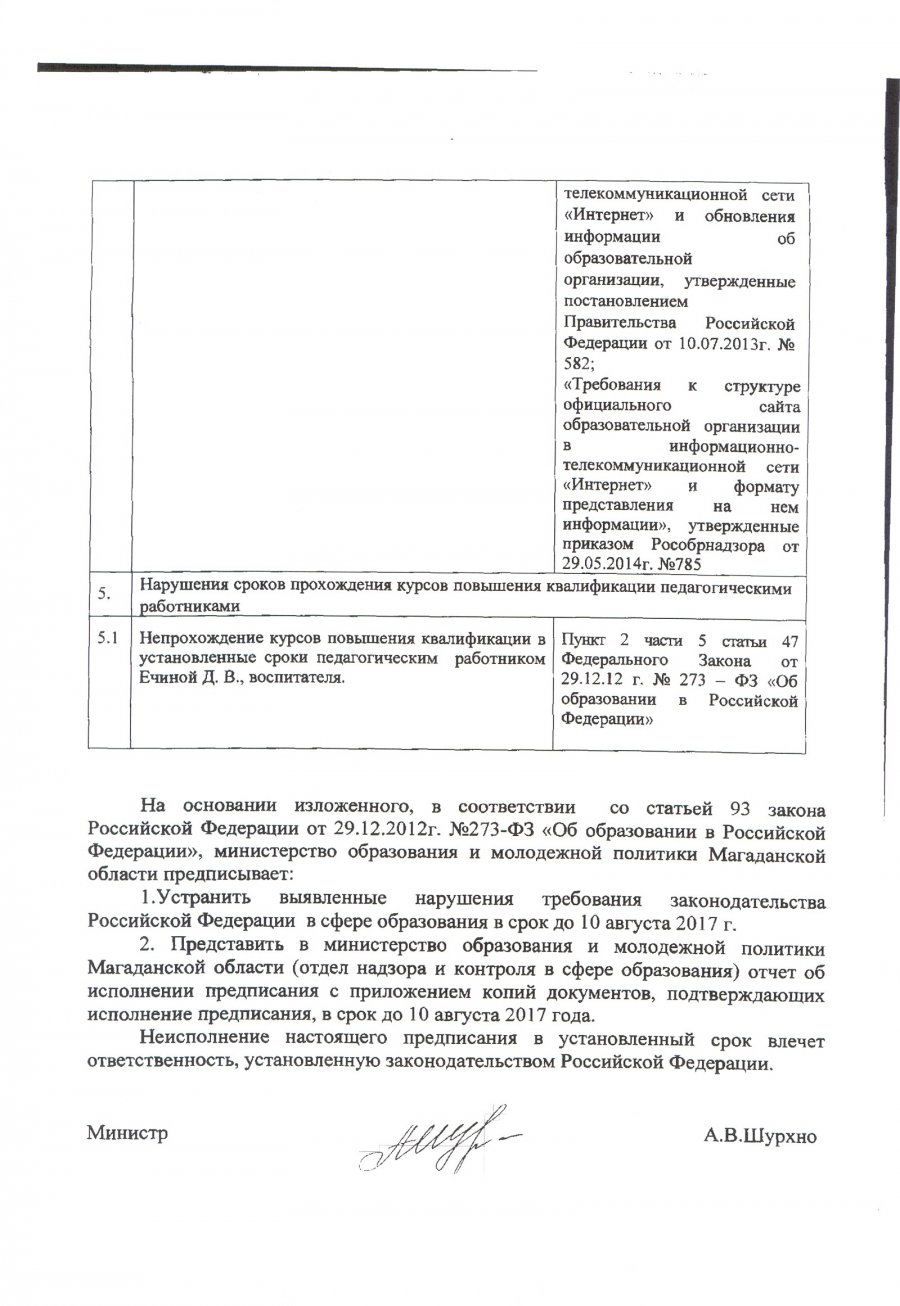 Предписание №10  об устранении выявленных нарушений законодательства РФ в сфере образования